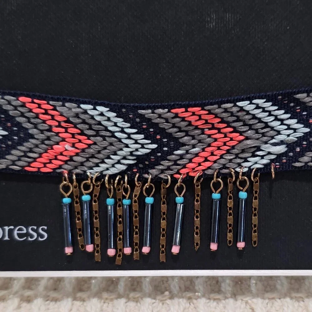 NWT free press Pink Grey Woven Tribal Boho Chic Colorful Fringe Choker Necklace